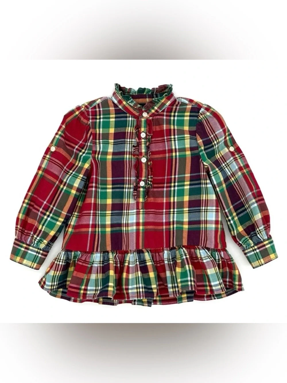 EUC Ralph Lauren Christmas Plaid Peplum Long Sleeve Tunic Top In Red & Green 24M